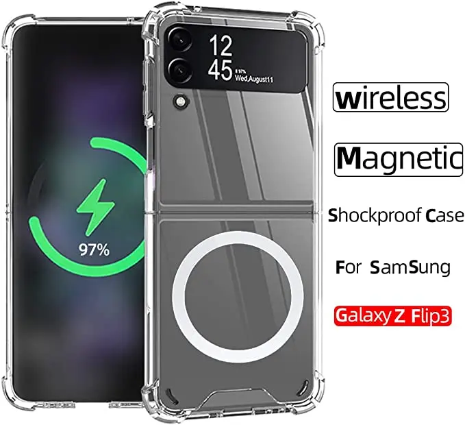 

Магнитный Прозрачный чехол для Samsung Galaxy Z Flip 3 Z Flip 4 дюйма для Magsafe беспроводной зарядки, прозрачный противоударный чехол с защитой от падения