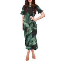 new design womens elegant clothing polynesia palm leaves print dress summer short sleeve sexy maxi night dresses