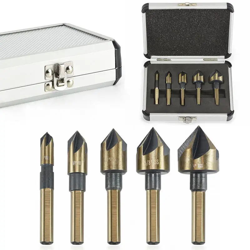 

5 Pcs/Set Industrial Countersink Drill Bit Set Tri-Flat Shank Quick Change 1/4"-3/4" Kit Tool With Box #251875