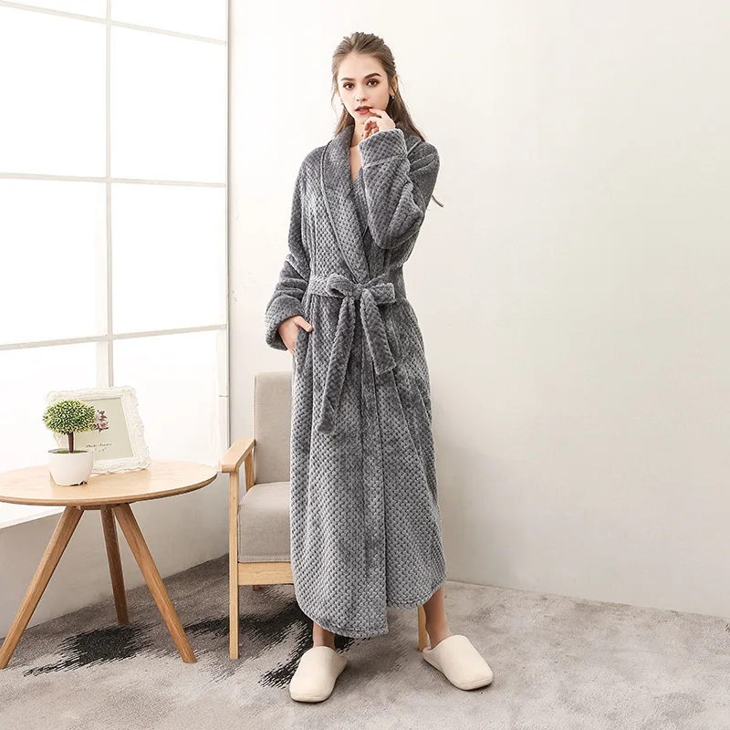 Warm Women's Bathrobe Fleece Winter Long Robe Solid Turn Down Collar Fluffy Ladies Dressing Gown With Sashes Robe For Female