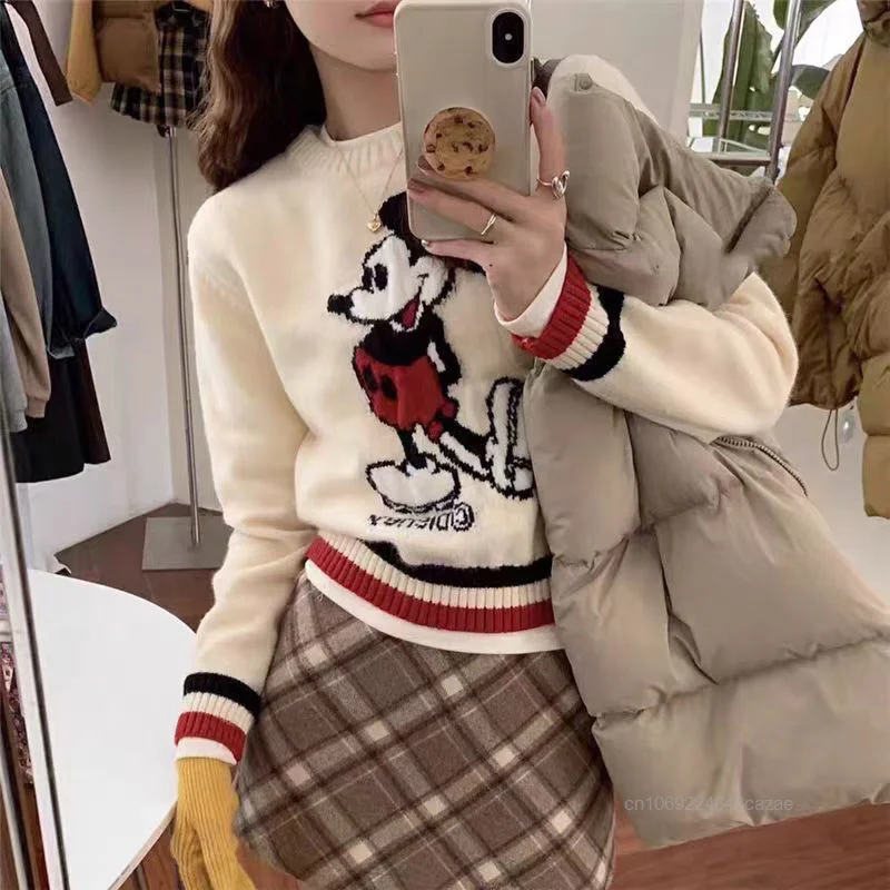 Серый пуловер с Микки Диснеем женский ранний осенний новый вязаный свитер