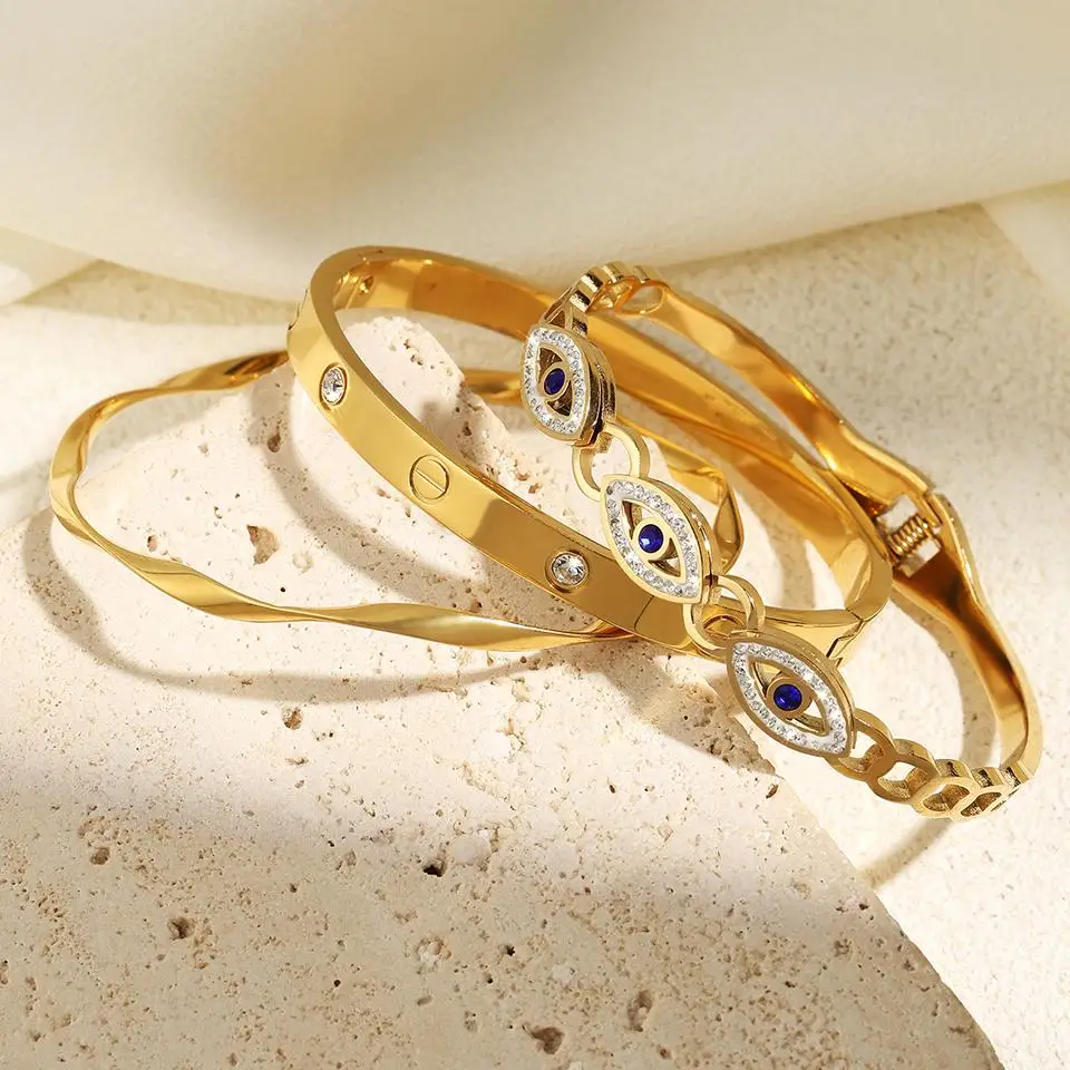 Стильные браслеты из нержавеющей стали с бамбуковой инкрустацией и фианитами