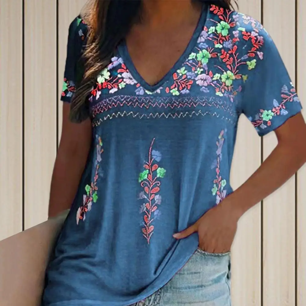 

Unique Bohe Flower Pattern Tunic T-shirt Top Ethnic Style Women T-shirt Bohemia Flower Print Retro Tee Shirt Workwear