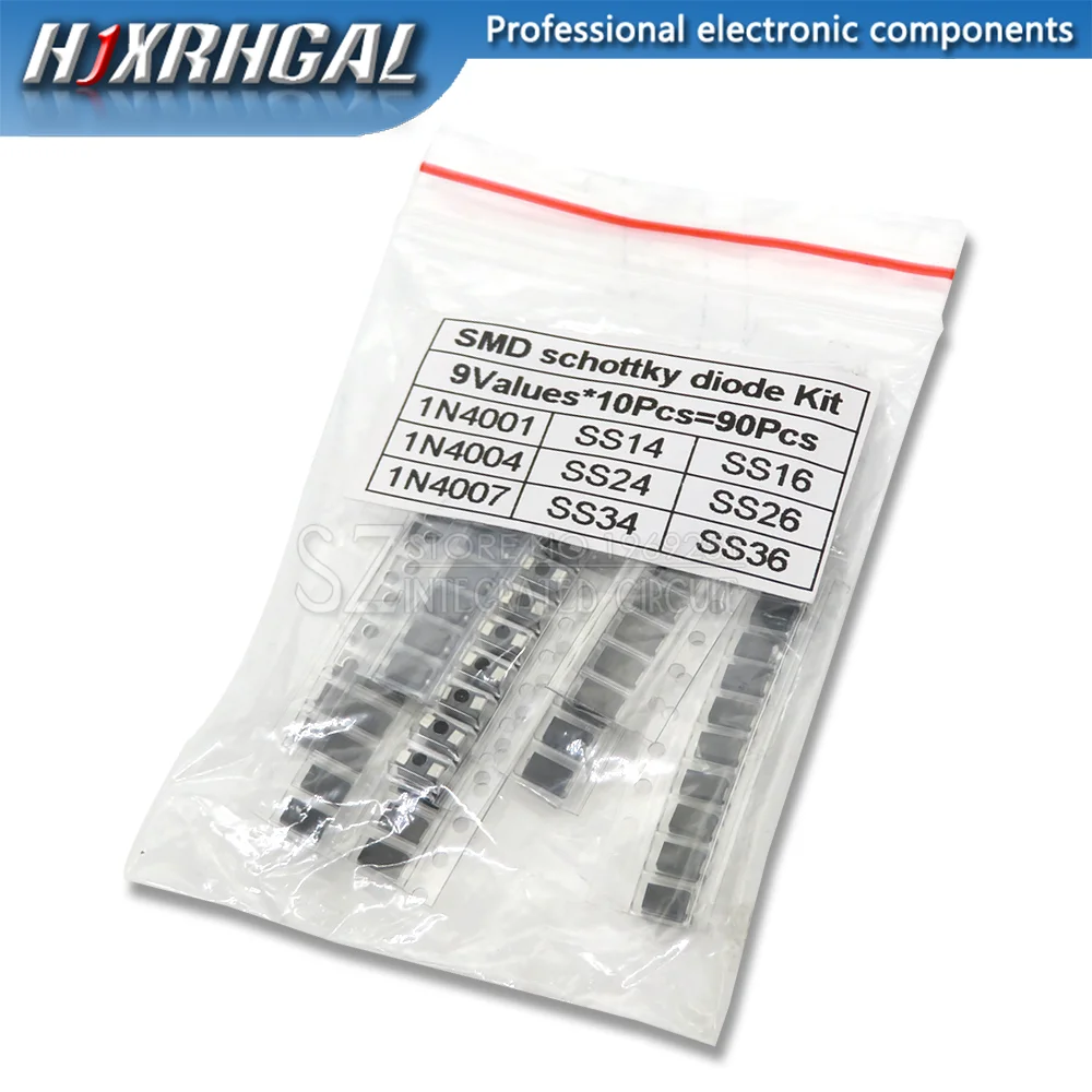 90 шт. 9 значений x 10 шт. 1N4001 1N4004 1N4007 SS14 SS24 SS34 SS16 SS26 SS36 SMD набор диодов Шоттки