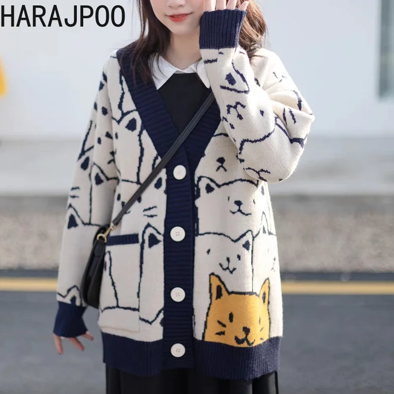 Кардиганы женские трикотажные однобортные с V-образным вырезом мультяшным