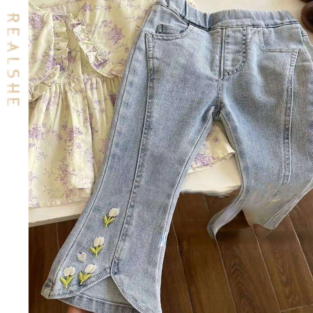 

Summer Children's Girls Clothing Set 2023 Autumn Girls Flare Pants Floral Shirts Embroidery Jeans 2pcs Suit for Girls