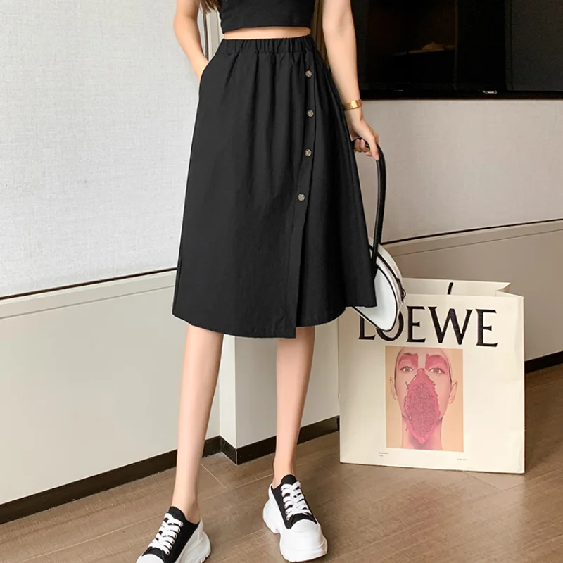 

Female Casual Elastic Waistline Loose Trousers Wide Leg Pants Women 2021 New Korean Single Breasted High Waist Skirts Pant Pop
