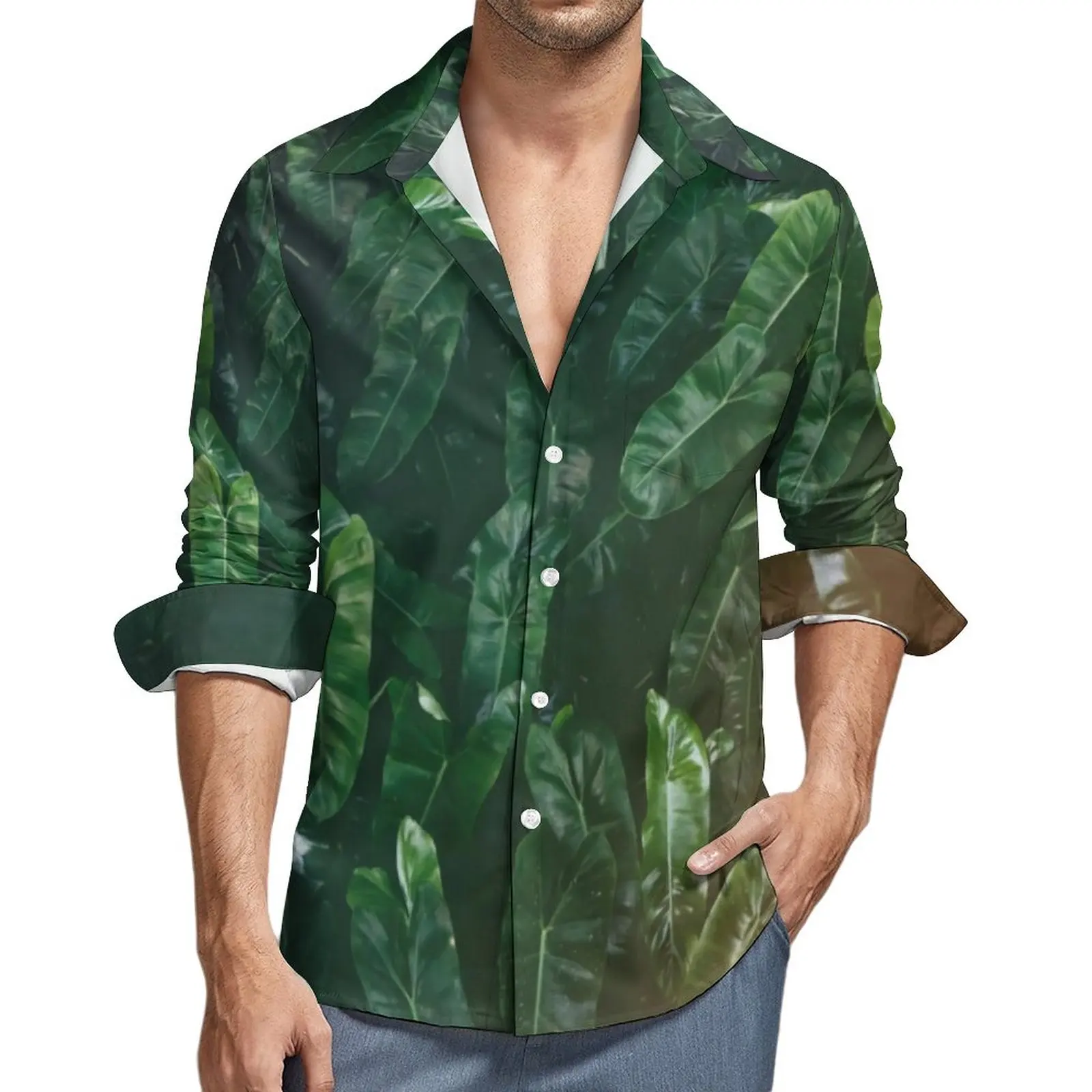 

Повседневная рубашка с тропическими листьями; Элегантная мужская рубашка с принтом в виде пальмовых листьев; Модная Осенняя блузка с длинными рукавами; Дизайнерский Топ большого размера