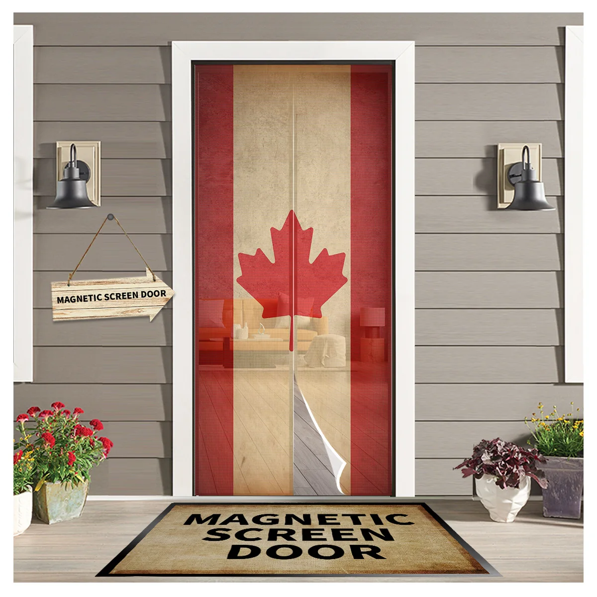 

Canadian Flag Vintage Kitchen Door Curtain Tool-free Magnetic Screen Insect-proof Fly Door Curtain Mesh Bedroom Hanging Curtain