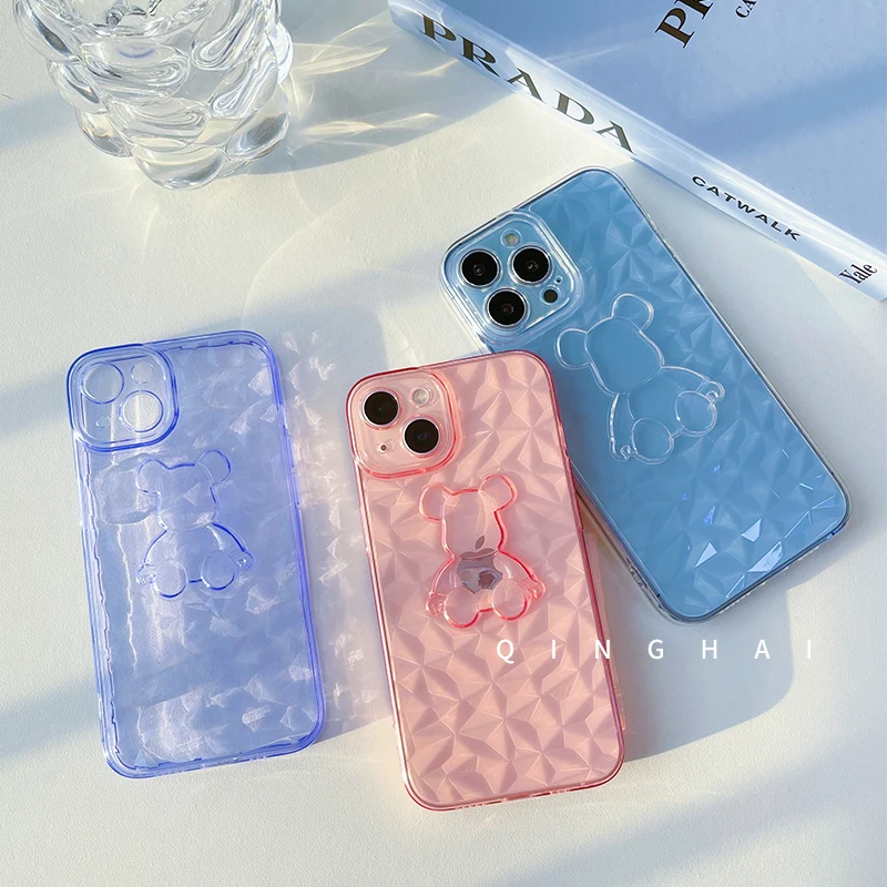 

Suitable for iPhone 13 12 11 Pro Max XS X XR 8 7 Plus Mini Transparent Soft TPU Bear Diamond Cartoon Lens Protection Case