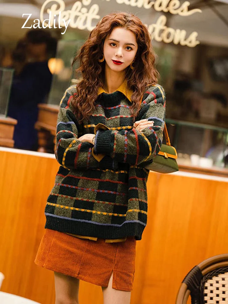 

Winter Vintage Long Sleeve Pliad O Neck Women Sweater Korea Style Loose Ladies Pullovers 2023 New In Spirng Female Tops