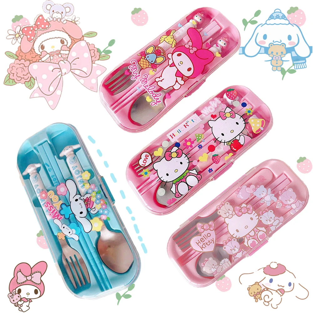 

Sanrioed My melody Purin Cinnamoroll Kittly Kuromi Spoon Fork Chopsticks Portable Suit Kawaii Cute Kid Cutlery Set Toy Gift 15CM