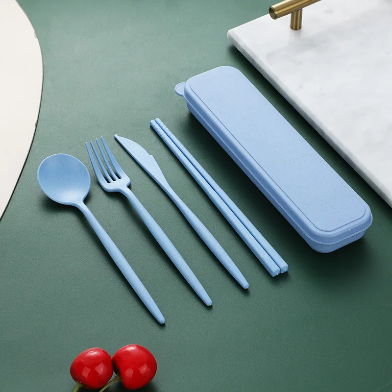 Spoon Fork Chopsticks Cutlery 4PCS/Set Wheat Straw Tableware Box Dinnerware Children Adult Travel Portable Kitchen Accessories images - 6