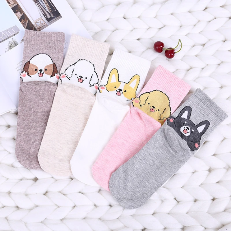 

5 Colors Socks Print Cartoon Dogs Shiba Inu Teddy Middle Tube Japanese Ins Creative Female Socks Dropshipping