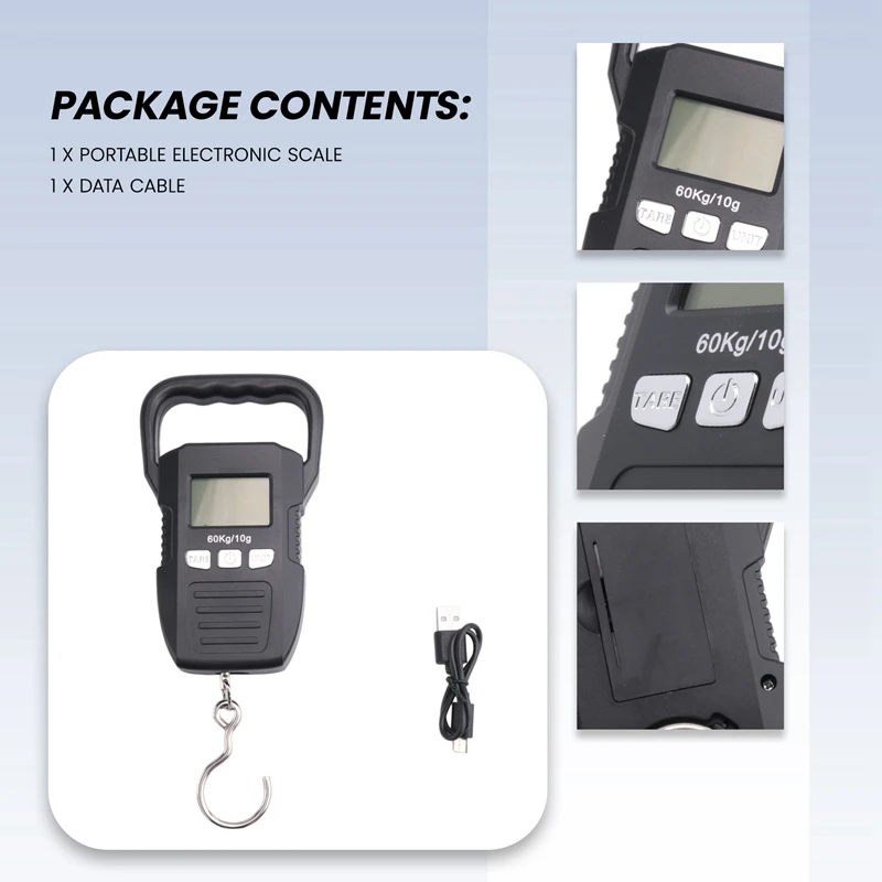 Черные 60 кг/10 г ЖК-цифровые подвесные весы комплект USB-перезаряжаемых