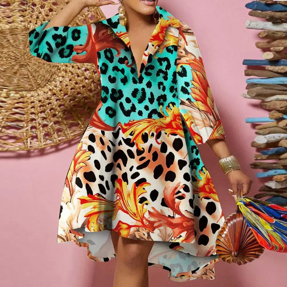 

Spring Dress Printing Ladies Dress Long Sleeve Large Hemline Ladies Dress