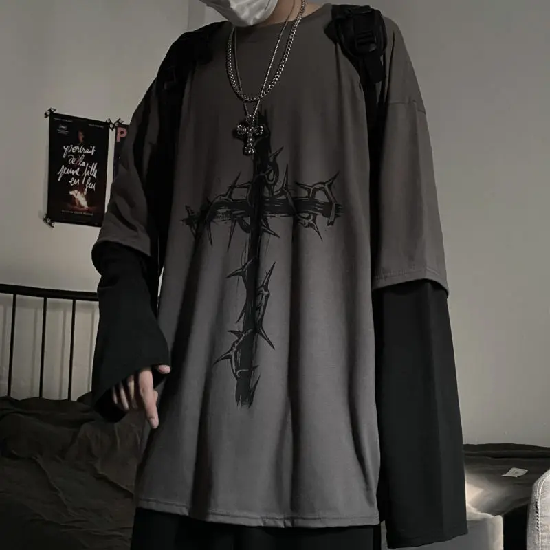 

Emo Gothic Goth Style Tshirt 2022 Goth Punk Tops Punk Long Sleeve Oversized T-shirt Fake Two-piece Street Fashion Korean Style
