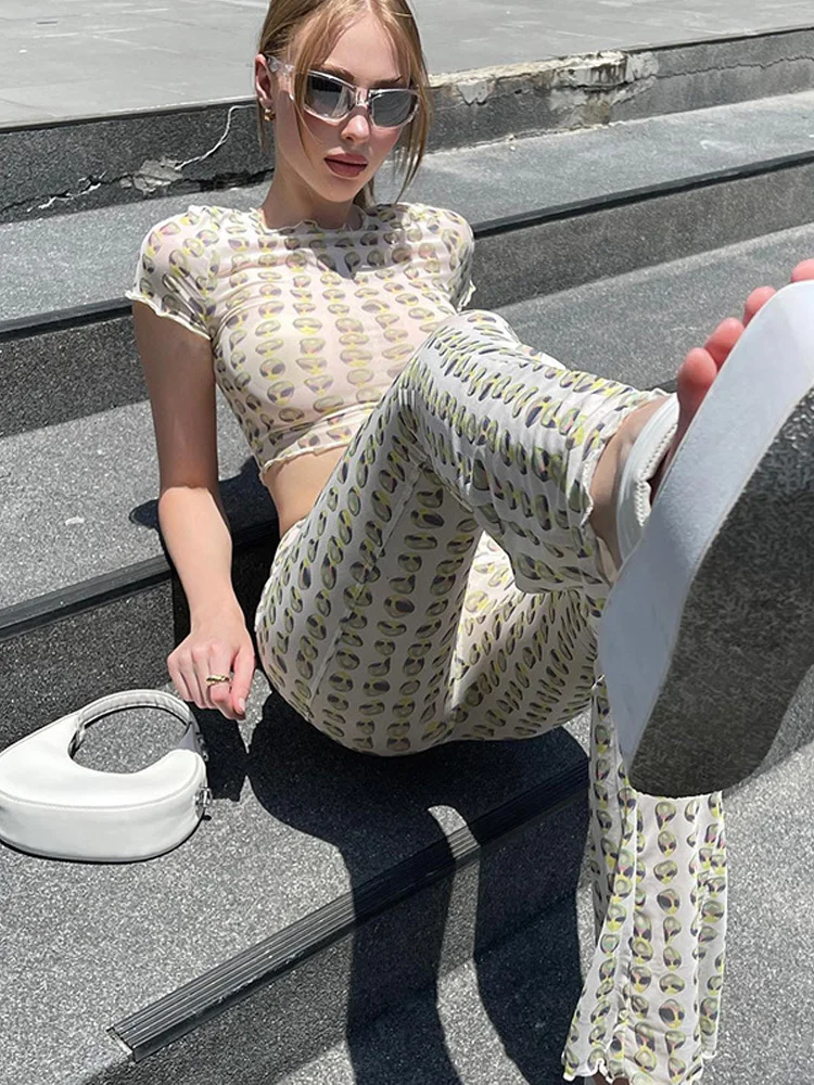 

Multicolor Dots 2 Piece Sets Womens Outifits O-Neck Short Sleeve Casual Streetwear Mini Crop Tops Silm Long Pants Y2k Clothes