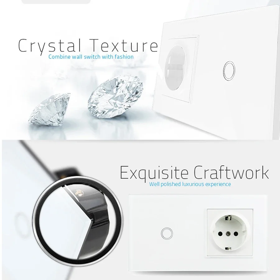 Розетки USB Тип C и сенсорные Настенные переключатели белое стекло 1 клавиша