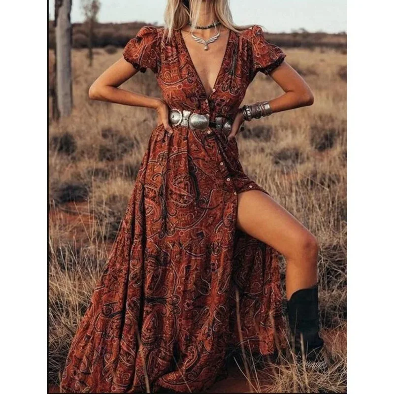

Geometric Pattern Dress Womens Casual Dresses Deep V Neck Bohemian Dress Short Sleeve Maxi Dresses for Women Split Dress
