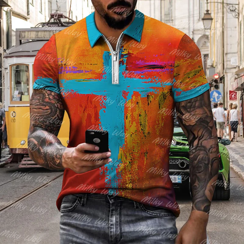 

Летняя мужская рубашка-поло с изображением креста и масляной краской, топы и футболки с отложным воротником и короткими рукавами, модная одежда, повседневная уличная одежда