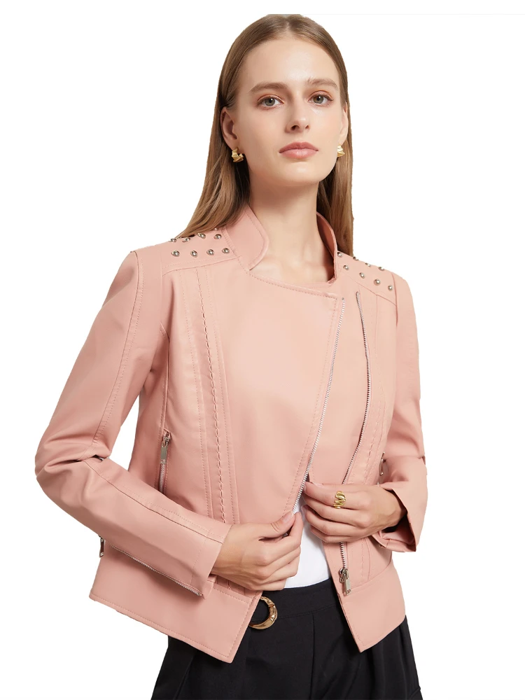 

FMFSSOM Spring Women Pink Rivet Faux Leather Jacket Long Sleeve Casual PU Coat Female Autumn Moto Biker Windproof Outwear