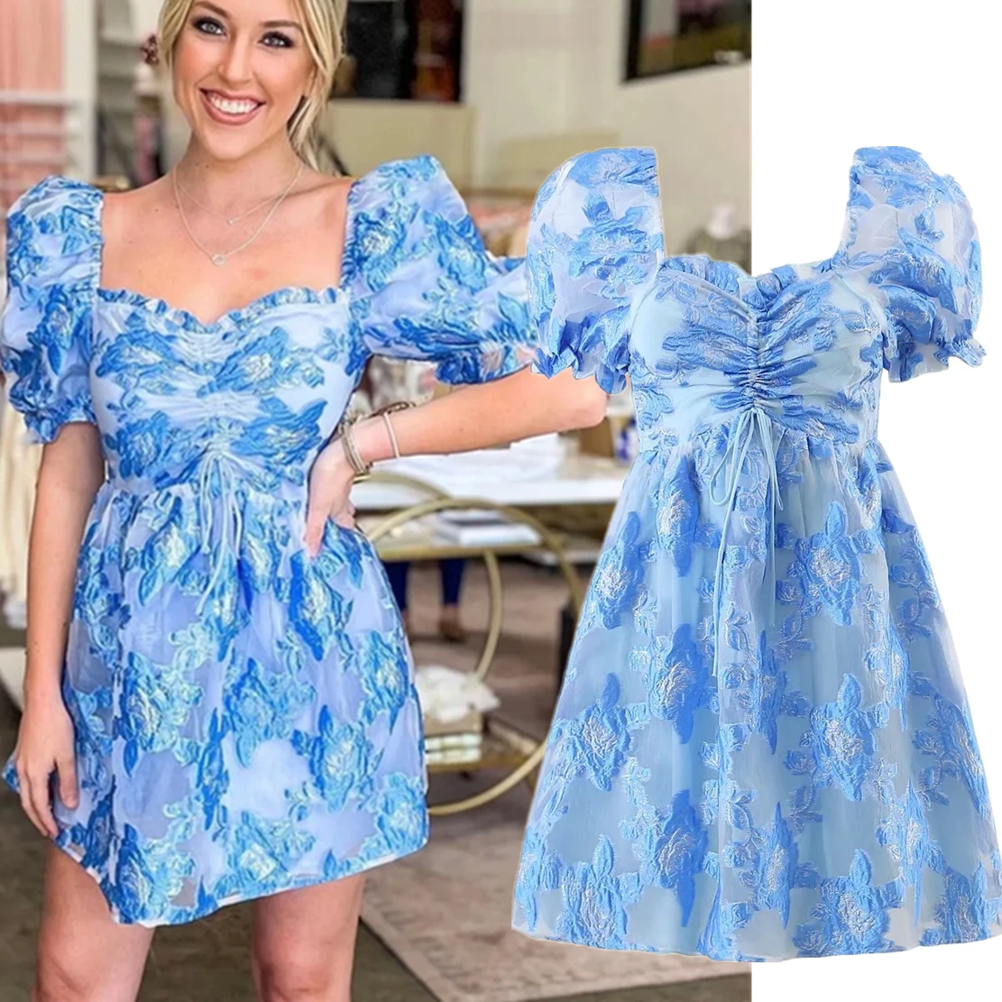 

Dave&Di Ins Blogger Fashion Mini Dress Women Vintage Puff Sleeve Blue Floral Texture Gilding Bandage Sexy Party Dress Summer