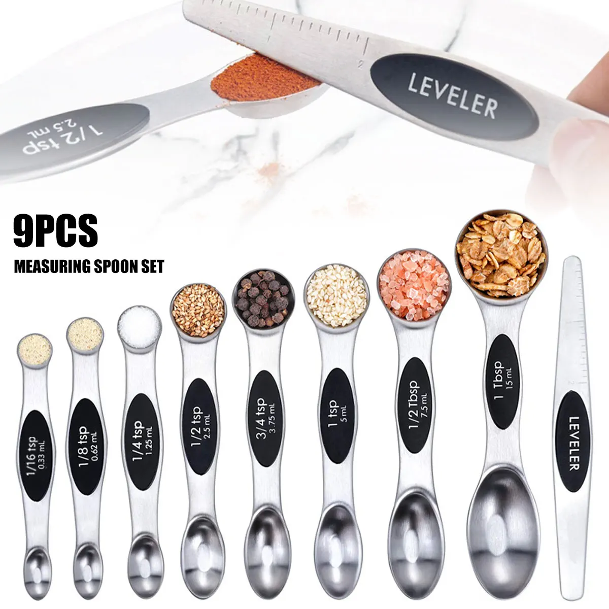 

9 Pcs Magnetic Measuring Spoon Set Stainless Steel Measuring Spoons Stackable Double-sided Teaspoons for Spice Jars and Liquids