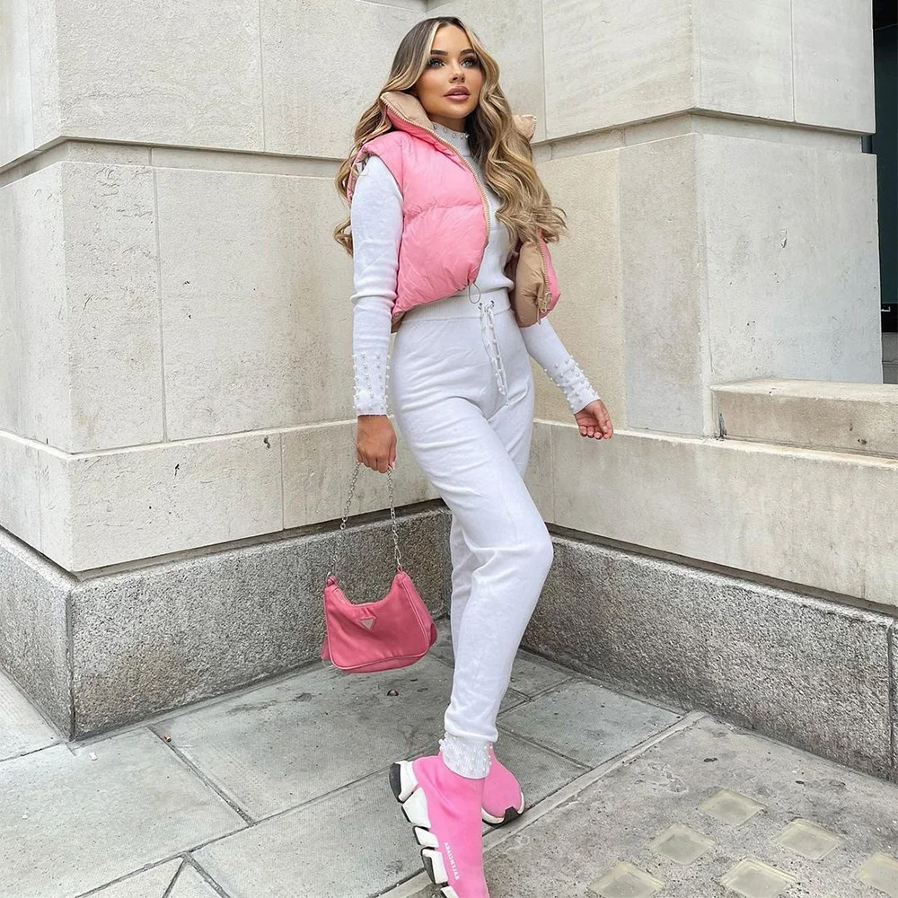 Fashion Winter Pink Vest Jackets Solid Color Warm Cotton Coat Stand Collar Zipper Double-sided Jacket Women Parkas Streetwear