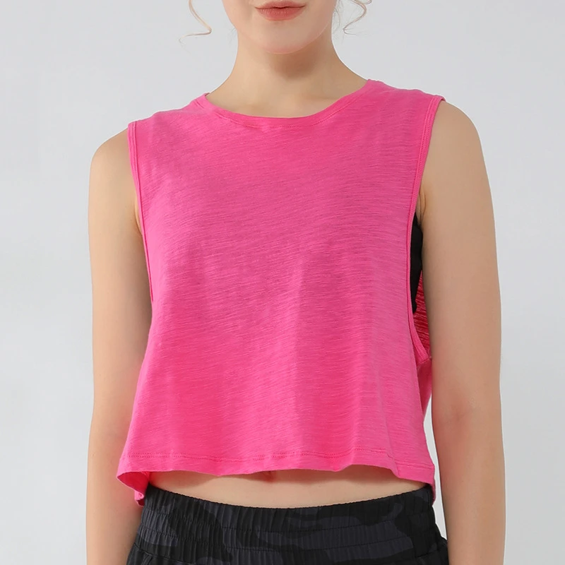 Lulu Quick Dry Cotton Fitness Gym Sport Crop Tops Women Anti-sweat Loose Fit Yoga Running Sexy Tank Top Vest Sportswear