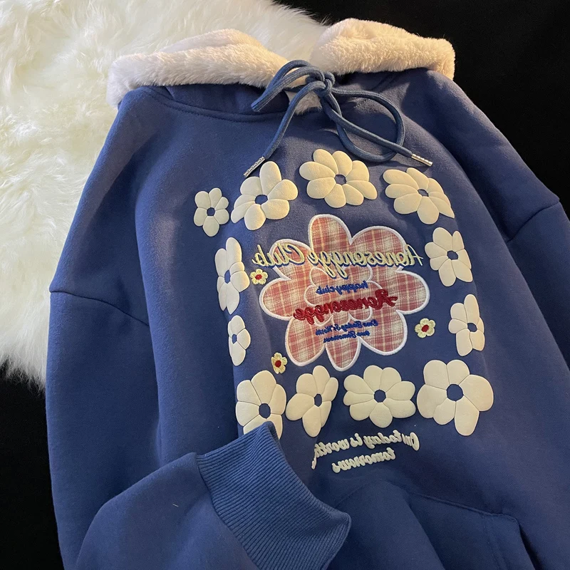 

DAYIFUN Streetwear Hoodies Women Embroidered Floral Korean Fashion Loose America Style Hip Hop Hooded Sweatshirt Velvet Pullover