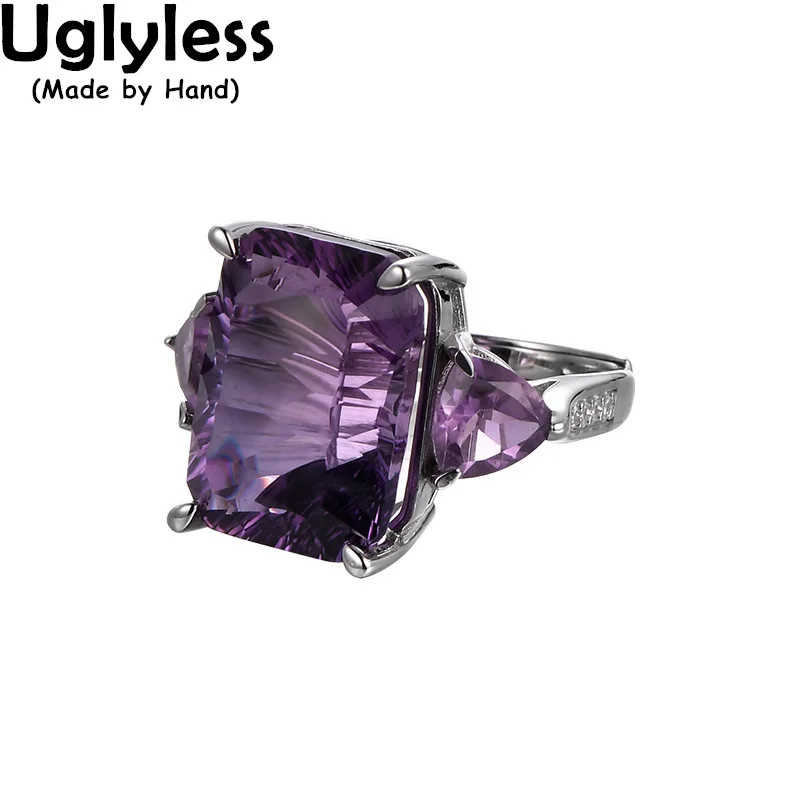 

Uglyless Natural Pure Colorful Crystals Rings Women Facet Cutting Amethyst Rings Square Rectangle 925 Sterling Silver Jewelry