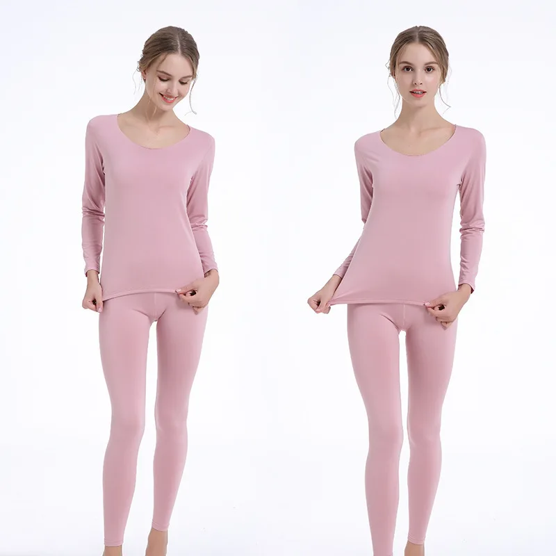 Ladies Homewear Set Body Fit Elastic Solid Color Bottoming Shirt Round Neck  Thin Velvet Thermal Underwear Body Sculpting