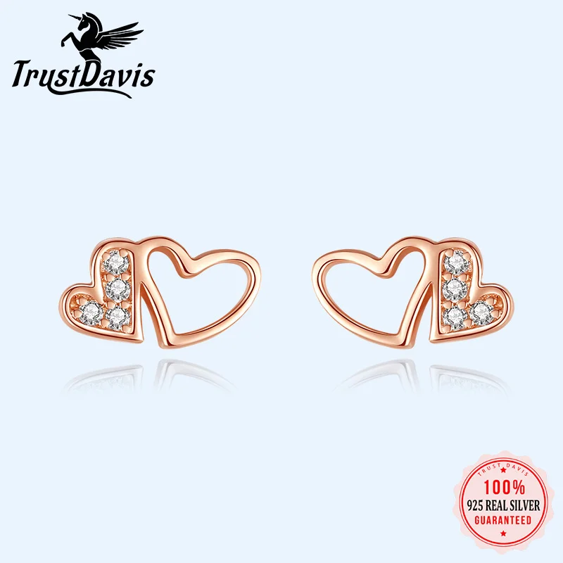 

TrustDavis Real 925 Sterling Silver Earrings Double Heart Stud Earring For Women Wedding Valentine's Day Sweet Fine Jewelry F197