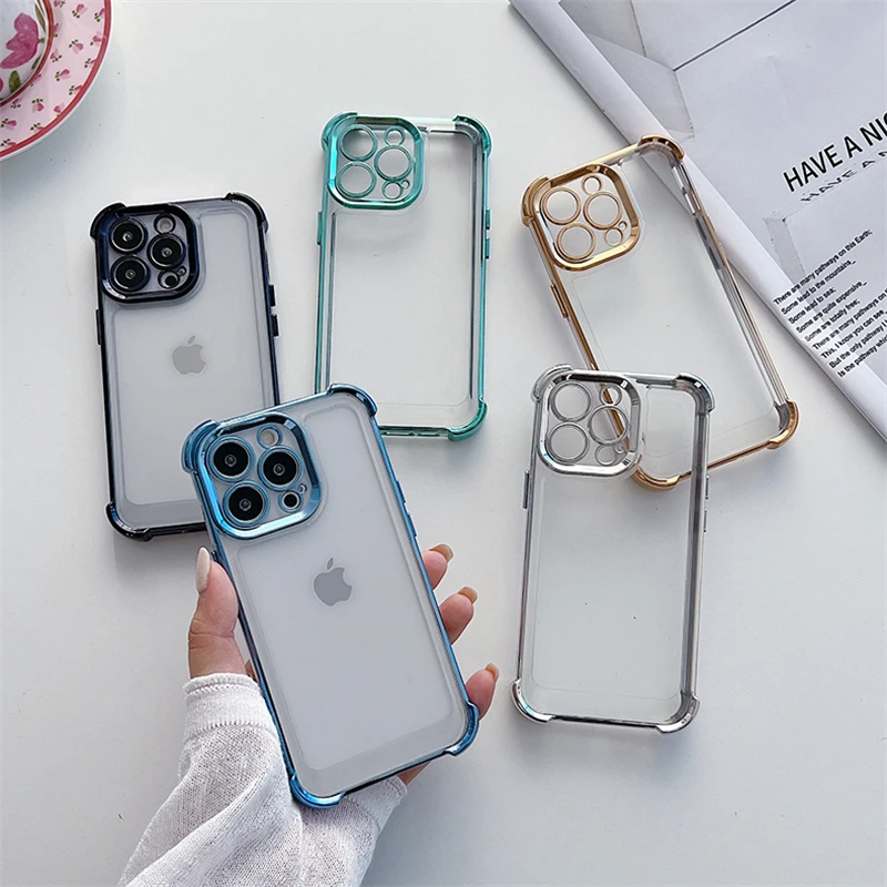 

Luxury Shockproof Clear Phone Case For iPhone 14 13 12 11 Pro Max Plating Silicone Bumper Transparent Case Hard Back Cover