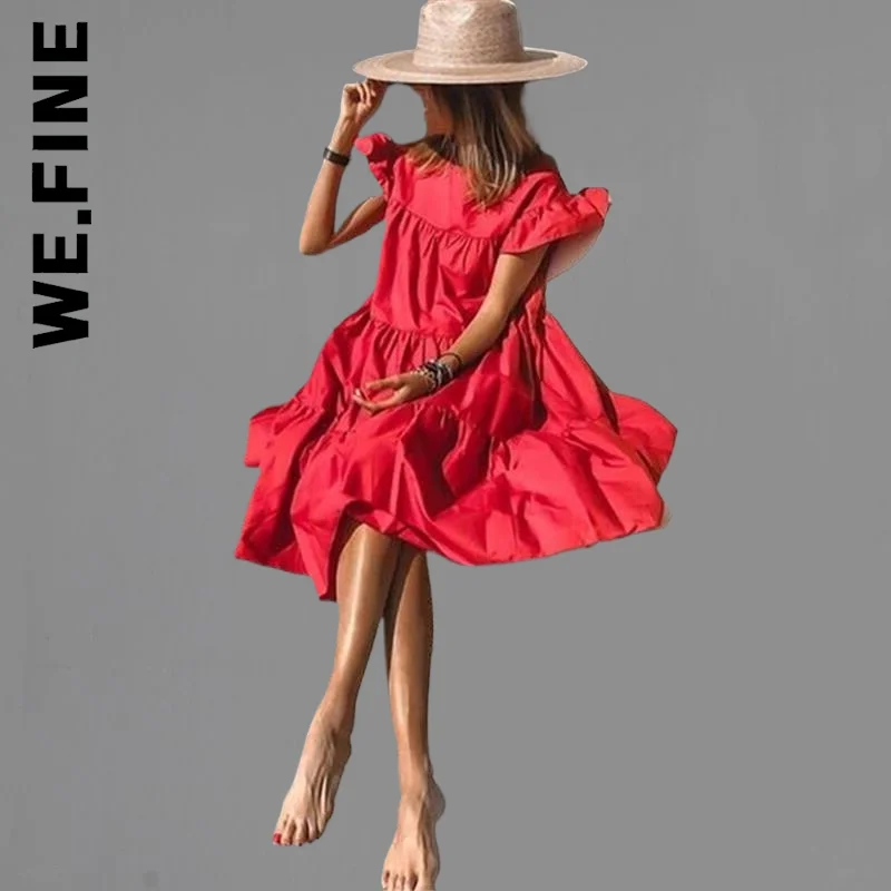 

We.Fine Dress Women Fashion O-Neck Ruffle Sleeve Midi Dresses Elastic Lazy Outfits Harajuku Female Vestidos Woman Clothes