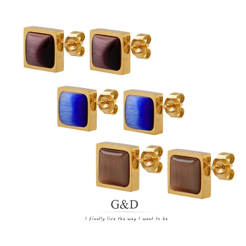 

G&D Vintage Natural Stone Opal Stainless Steel Stud Earrings PVD Golden Plated Earrings 3 Colors Temperament Jewelry for Women
