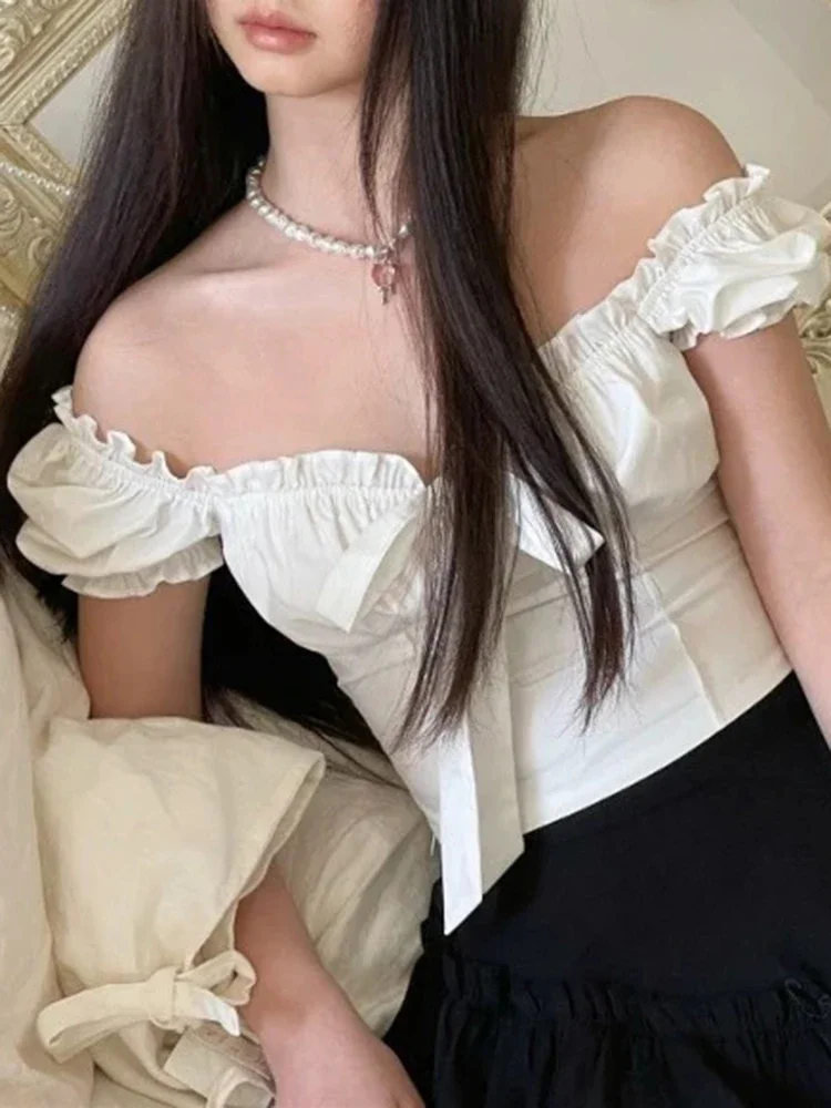 Женский короткий топ с коротким рукавом Повседневная белая рубашка бантом и