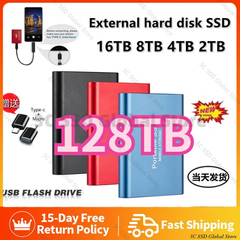 Portable External Flash Drive Type-C USB3.1 2TB SSD Drive Portable 128TB Mini Slim High Speed Transfer External Flash Device