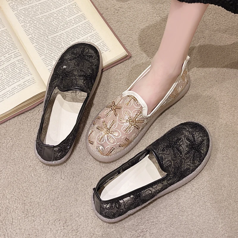Sequins Embroidered Mesh Loafers Women Luxury Floral Lace Moccasins Ladies  Summer Clear Sole Slip-on Sneakers Casual Flat Shoes