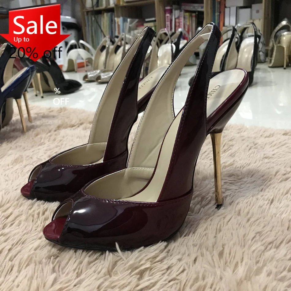 

Women Stiletto Thin Iron High Heel Sandals Sexy Sling Back Peep Toe Black and Red Patent Party Bridal Ball Lady Shoe 3845-g13