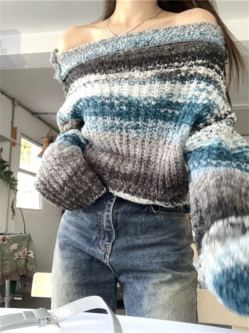 PLAMTEE нежные синие свитера женские лоскутные свободные вязаные с открытыми