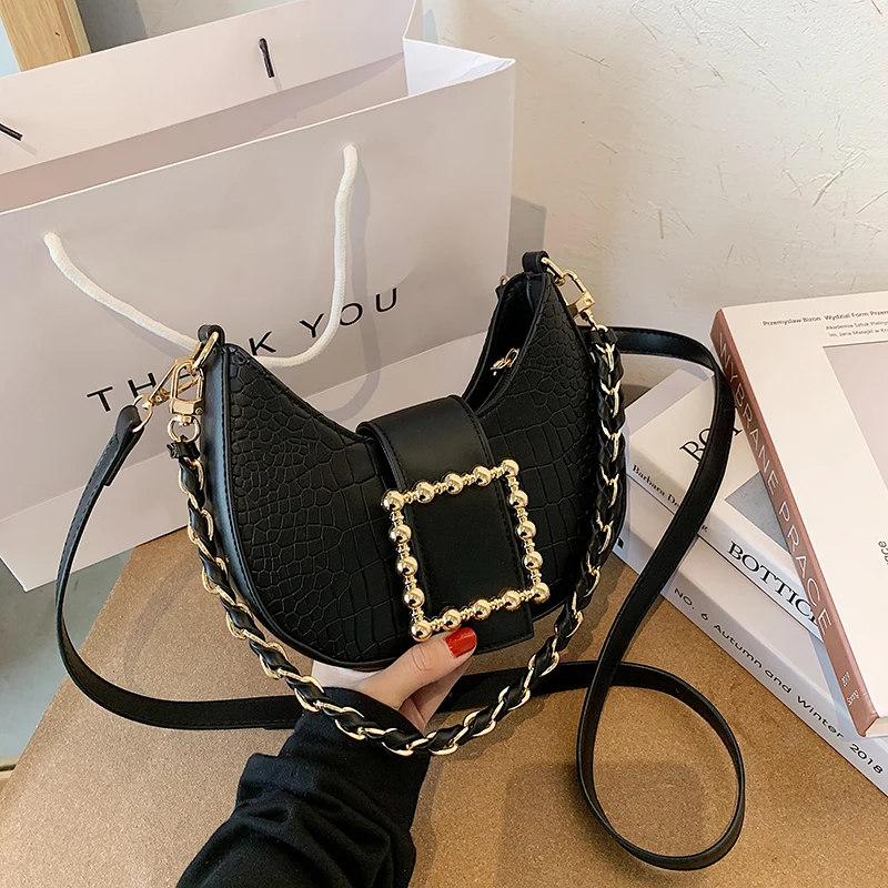 

Stone Pattern Saddle Bag Women Fashion High Quality PU Leather Designer Handbag Chain Shoulder Messenger Bags for Party