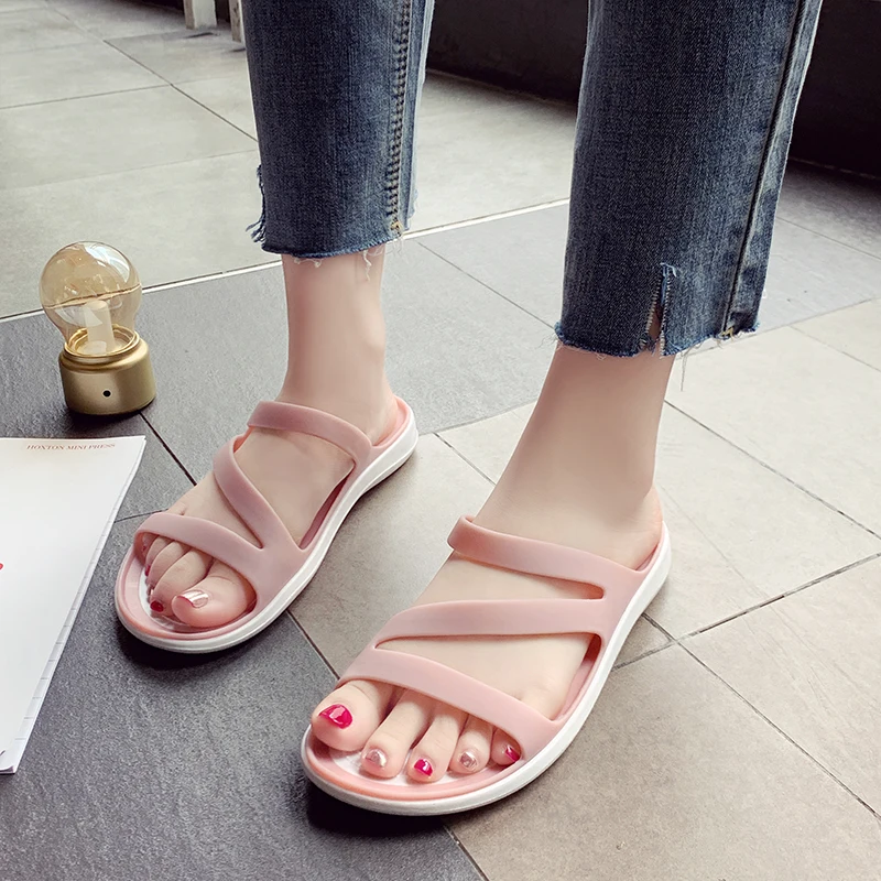 MILIKUYOU Women's Slippers In Summer Soft Sole Concise PVC Sandals Woman Sand Beach Anti Slip Flat Heel Colour Shoes For Female