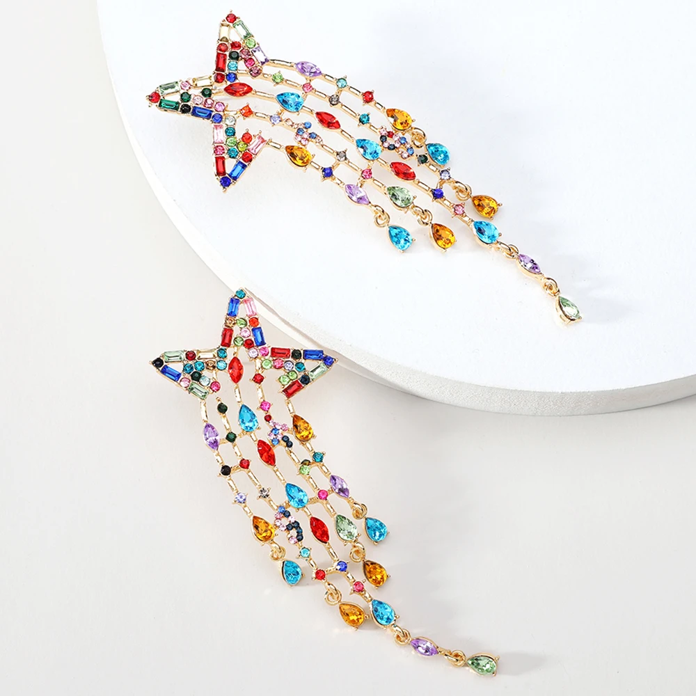 

Bohemian Colorful Crystal Tassel Star Long Dangle Earring Luxury Design Original Unusual Earrings For Women Pendant Jewelry Gift