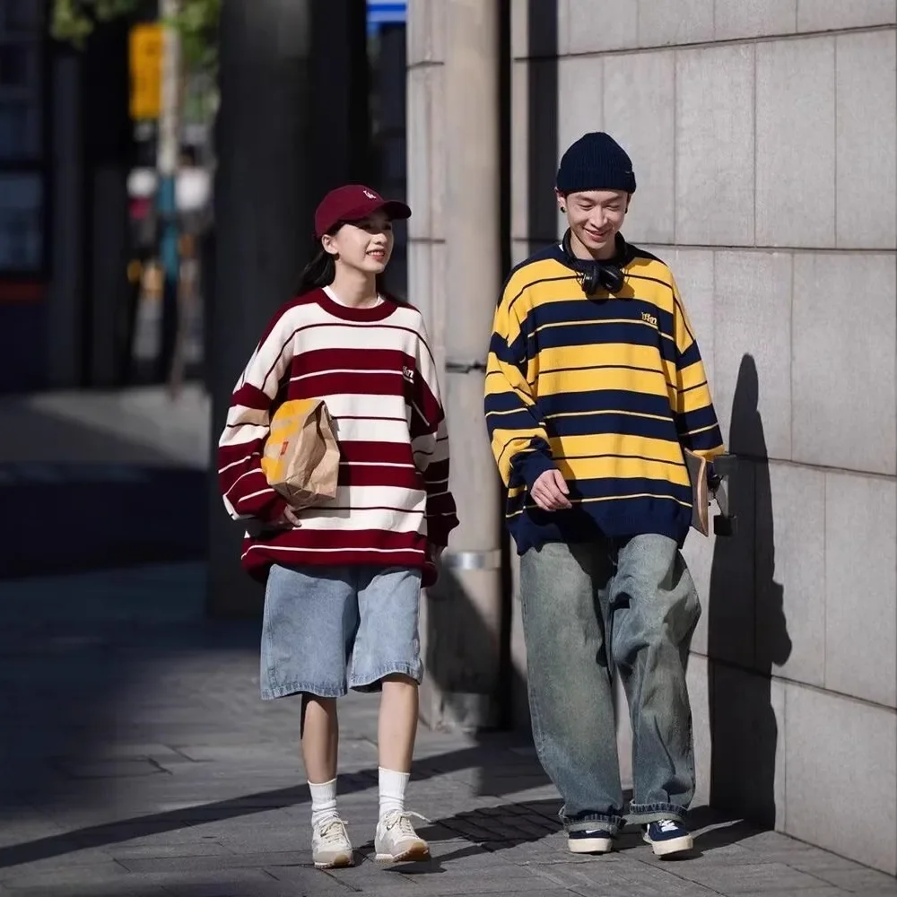 Japanese Style Warm Anti-Cold Sweater For Men And Women Couple Same Model Knitted Top Round Neck Casual Striped Lazy Woolen Jack