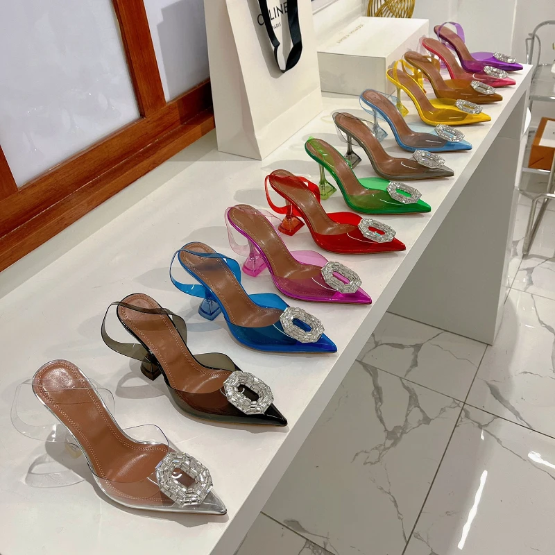 Women's pointed sandals 2023 spring and summer new style rhinestone square buckle high heels fashion banquet Baotou muller shoes