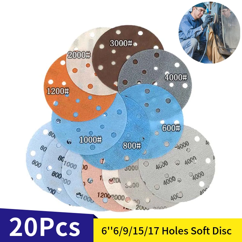 

20Pcs 6 Inch Sanding Disc Soft Superfine Film Sandpaper 150mm Hook and loop 600 -5000 Grits for Wet Dry Automotive Polishing