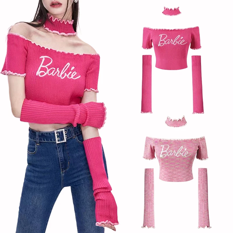 

Sexy Barbie Joint Sweet with Sleeves Contrast Color Round Neck Cropped Navel Shoulder Short Sweater Girls Soft Slim Tops Gift