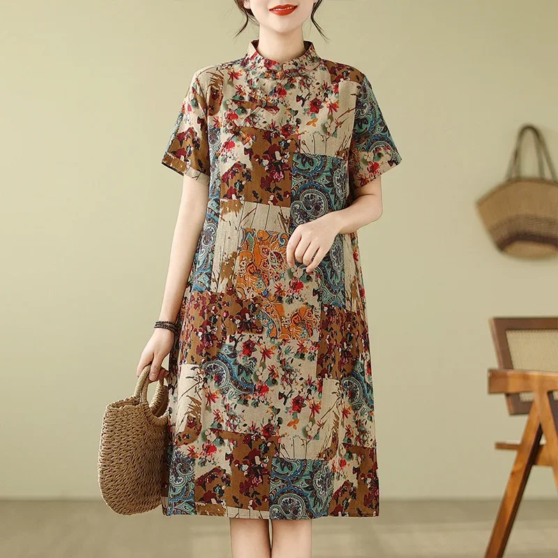 Винтажное художественное китайское платье новинка лета 2024 свободное женское